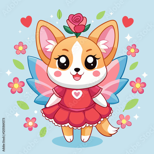  Cute Cartoon Corgi Fairy with Pink Crown, Angel Wings, and Tutu Dress
