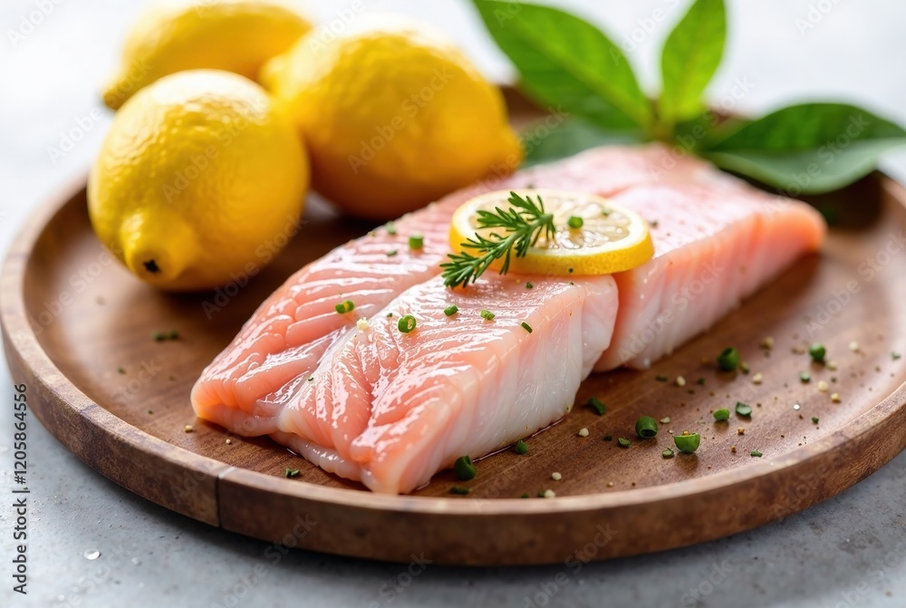 Fresh Pink Tilapia on Wooden Plate with Lemons - High-Quality Food Photography Fresh Pink Tilapia on Wooden Plate with Lemons - High-Quality Food Photography
