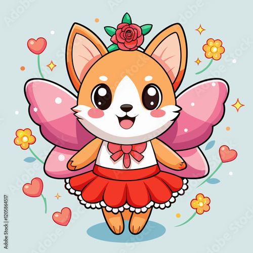  Cute Cartoon Corgi Fairy with Pink Crown, Angel Wings, and Tutu Dress