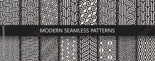 Vector set of 16 geometric linear patterns. Collection of seamless modern textures for your design.