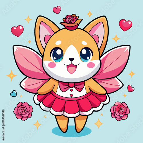  Cute Cartoon Corgi Fairy with Pink Crown, Angel Wings, and Tutu Dress