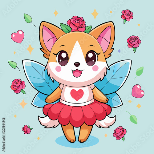  Cute Cartoon Corgi Fairy with Pink Crown, Angel Wings, and Tutu Dress