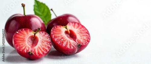 Fresh Plums, Juicy Half, White Surface, High-Quality AI Photo