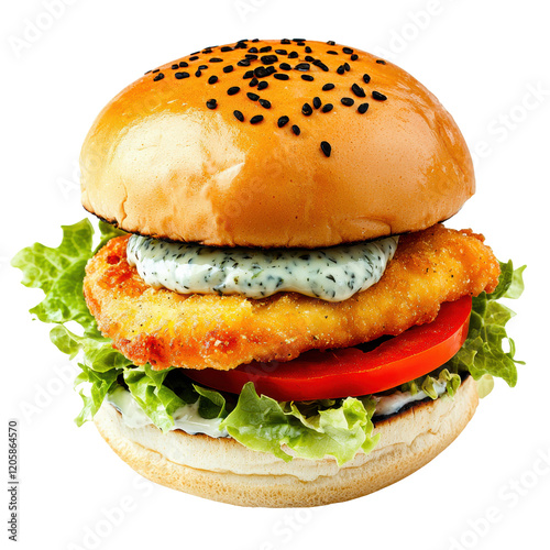 Crispy Fish burger png concept. Delicious crispy chicken burger with fresh vegetables, isolated on white background. photo