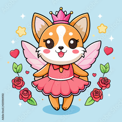  Cute Cartoon Corgi Fairy with Pink Crown, Angel Wings, and Tutu Dress