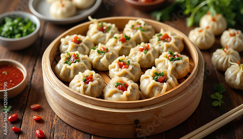 Assortment of mandu in bamboo steamer, traditional dining experience photo