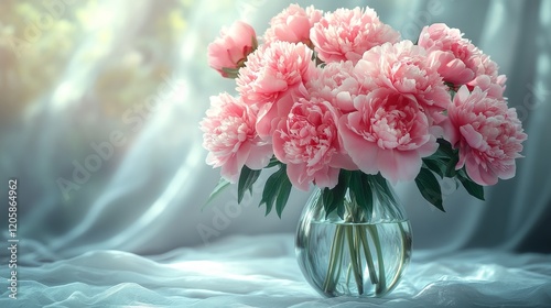 Pink peonies in a glass vase on a light fabric background.