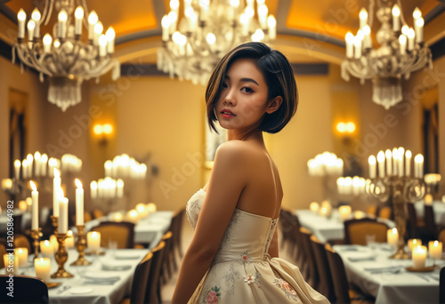 A woman in a strapless white gown standing in a grand Rococo dining room surrounded by glowing chandeliers and candelabras. photo