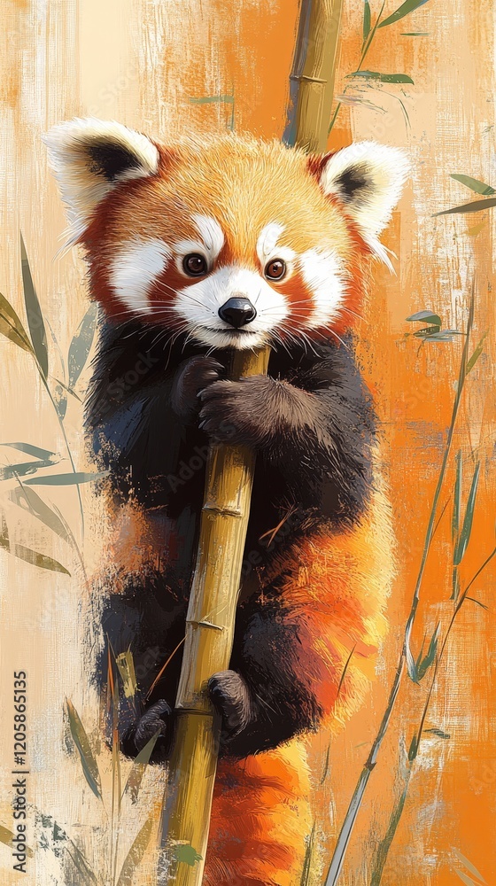 Obraz premium A playful red panda climbing bamboo, symbolizing conservation. Perfect for animal protection and environmental awareness.
