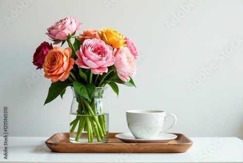 Wallpaper Mural Elegant Floral Arrangement, Wooden Tray, Book & Coffee Torontodigital.ca