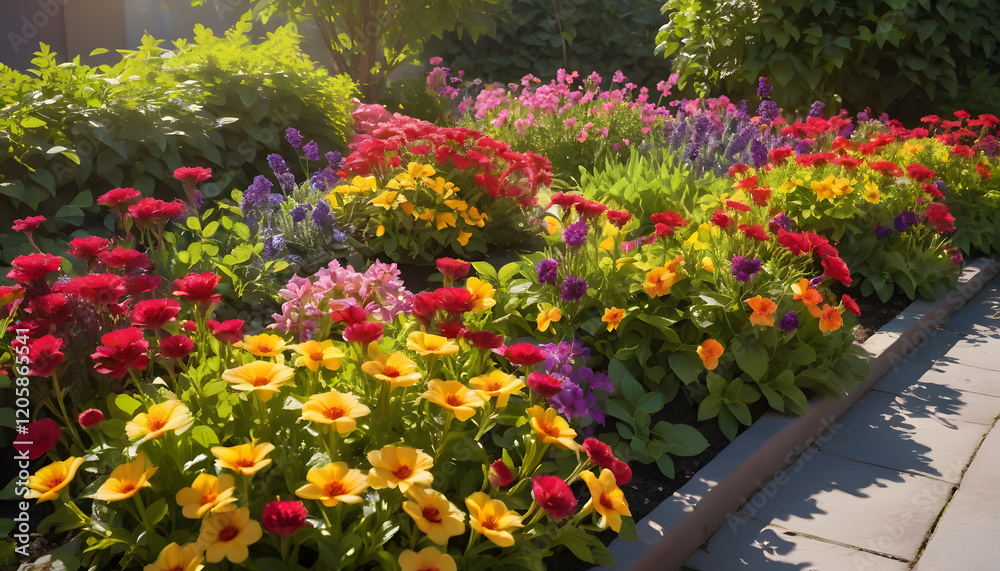 Naklejka premium Colorful garden with blooming flowers
