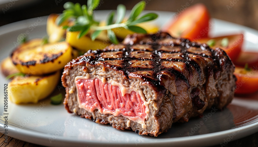 Juicy peppercorn steak with grilled vegetables on plate, culinary delight Juicy peppercorn steak with grilled vegetables on plate, culinary delight