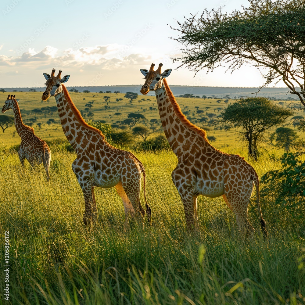 Obraz premium Giraffes grazing on tall trees against a clear blue sky.
