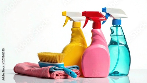 Cleaning Supplies: Spray Bottles & Brushes - Bright, Colorful, Professional photo