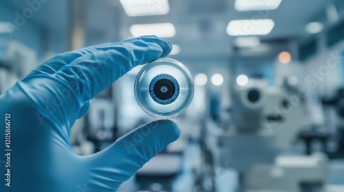 Gloved hand holding a petri dish containing a manufactured bionic eye implant, signifying advancements in ophthalmology and biotechnology in a laboratory environment