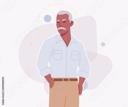 Handsome active senior mature man, elder businessman sure model pose. Old experienced male, grey hair, moustache, older business owner. Vector flat style cartoon illustration on creative background