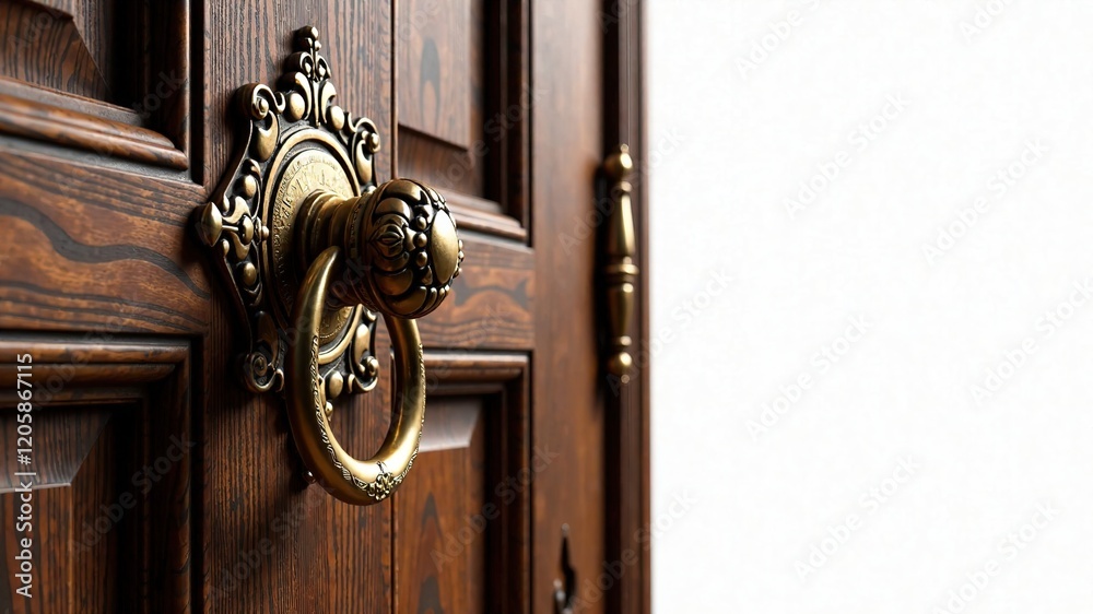 Antique Wooden Door, Gold Knocker, Door Handle, Door Ring - Detailed High-Resolution Image