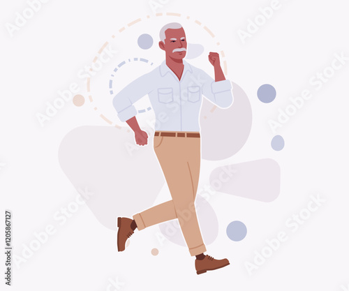 Handsome active senior mature man, elder businessman running pose. Old experienced male, grey hair, moustache, older business owner. Vector flat style cartoon illustration on creative background