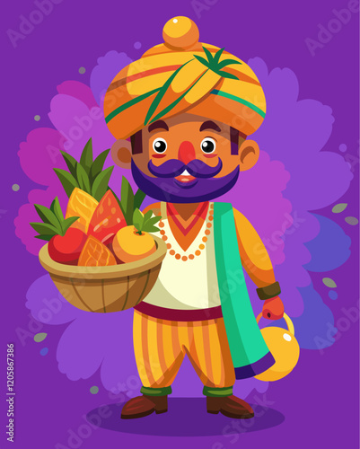  Cartoon Indian Farmer in Traditional Attire with Basket of Fruits and Vegetables photo