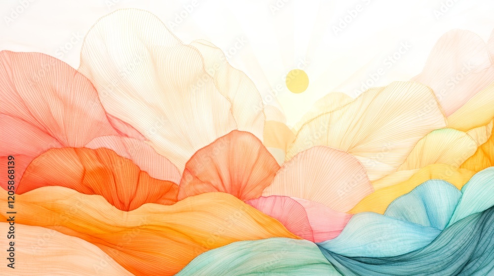 Fototapeta premium Abstract Floral Waves in Soft Pastel Colors with Sunburst