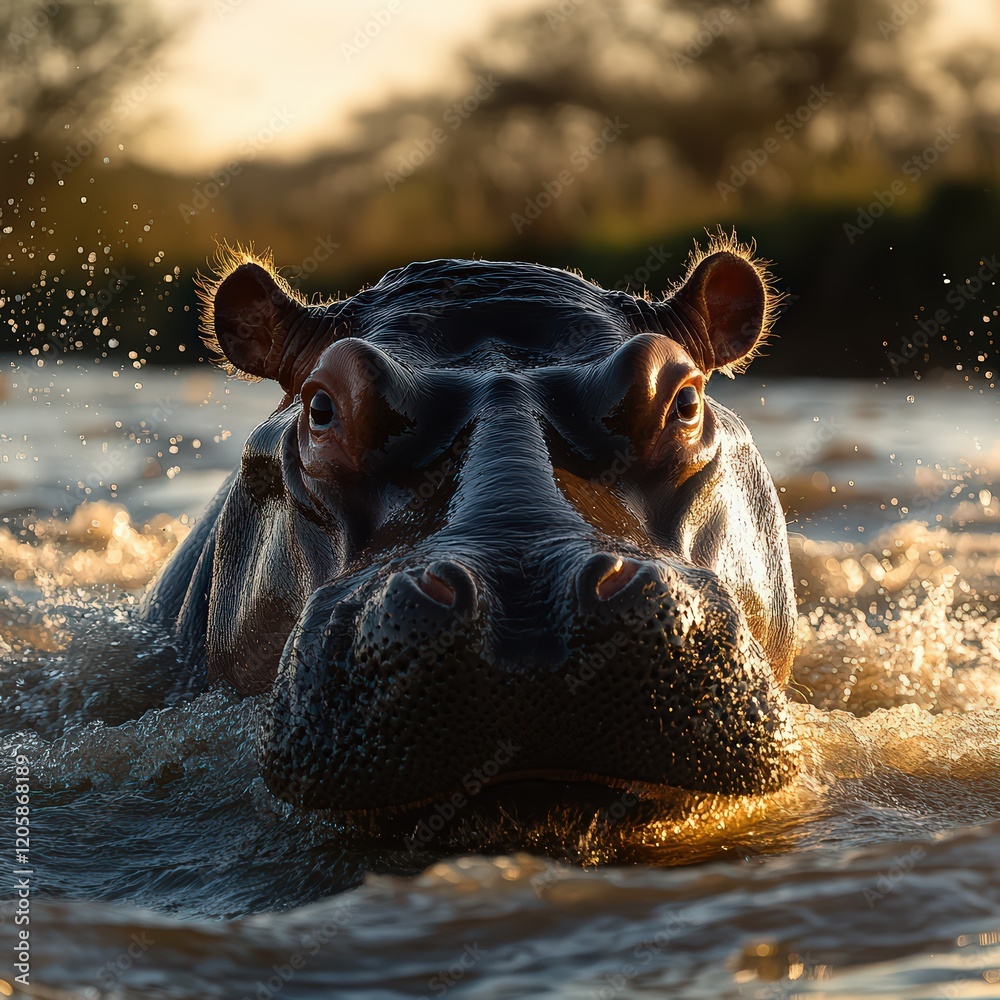 Fototapeta premium Hippopotamus emerging from a river with a serene background. 