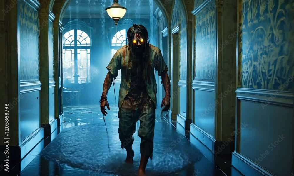A drenched zombie staggers shadowy corridors of an abandoned mansion. Water leaks broken windows, pooling floor as the zombie’s eyes gleam menacingly