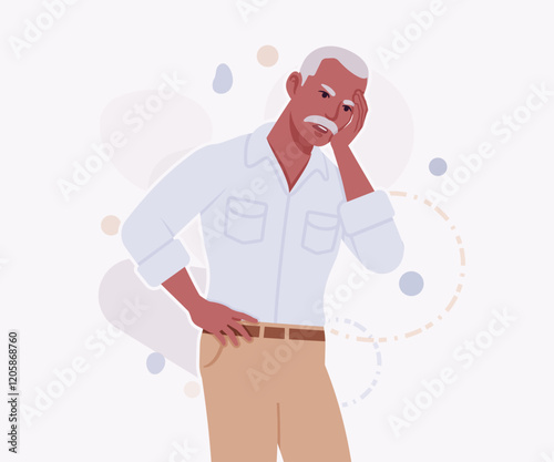 Handsome active senior mature man, elder businessman feels headache pose. Old experienced male, grey hair, moustache, older business owner. Vector flat style cartoon illustration, creative background