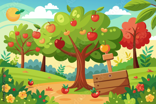  Colorful Cartoon Orchard with Apple Trees and Harvest Scene