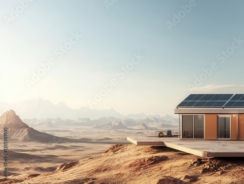 Renewable energy facilities built amidst harsh desert conditions, futuristic resilience theme, Climate Physical Risk, Energy transition