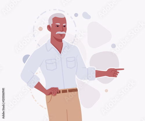 Handsome active senior mature man, elder businessman show, point pose. Old experienced male, grey hair, moustache, older business owner. Vector flat style cartoon illustration, creative background