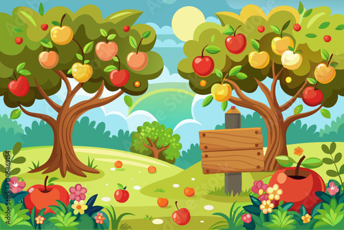  Colorful Cartoon Orchard with Apple Trees and Harvest Scene
