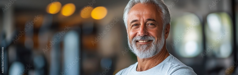 A smiling older man with a beard in a gym, promoting wellness and active living. Great for health and fitness campaigns targeting older audiences. A smiling older man with a beard in a gym, promoting wellness and active living. Great for health and fitness campaigns targeting older audiences.