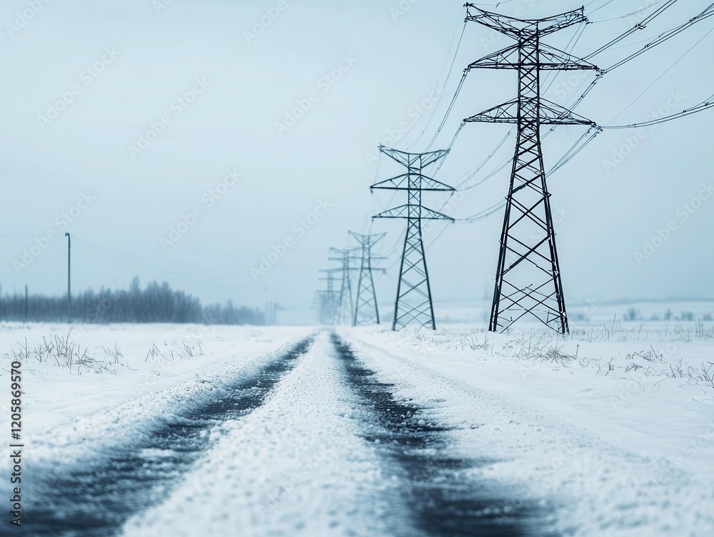 Power lines collapsing from heavy ice storms in winter, Climate Physical Risk, Infrastructure disaster concept Power lines collapsing from heavy ice storms in winter, Climate Physical Risk, Infrastructure disaster concept