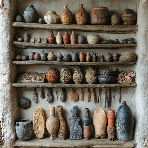 Cultural artifacts and tools displayed at a safari camp.