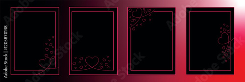 This is a set of elegant card templates featuring thin pink outlines of hearts and decorative borders on a black background. Each template is framed with a double-line border, and various designs inco