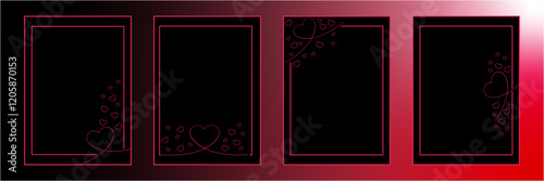 This is a set of elegant card templates featuring thin pink outlines of hearts and decorative borders on a black background. Each template is framed with a double-line border, and various designs inco