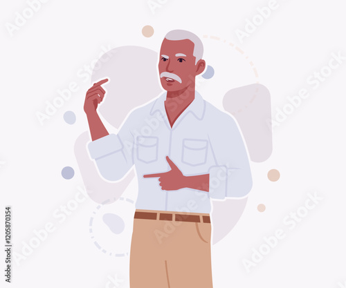 Handsome active senior mature man, elder businessman spokesperson pose. Old experienced male, grey hair, moustache, older business owner. Vector flat style cartoon illustration on creative background