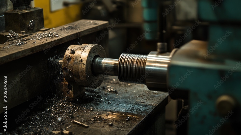 Factory metal lathe machining, industrial workshop, close-up Factory metal lathe machining, industrial workshop, close-up