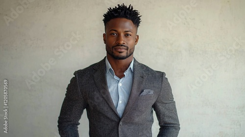 Stylish young man in a tailored gray blazer with a light blue shirt, perfect for fashion campaigns, professional profiles, and event promotions like networking events. photo