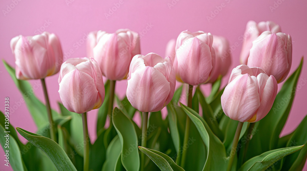 Fototapeta premium A charming arrangement of pink tulips against a soft pink background, symbolizing love and elegance.