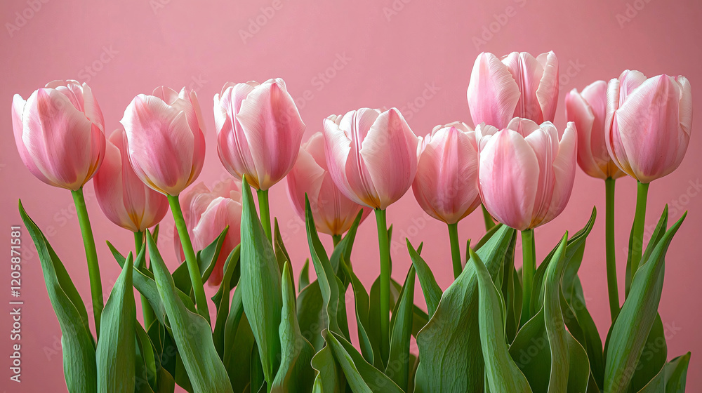 A charming arrangement of pink tulips against a soft pink background, symbolizing love and elegance. A charming arrangement of pink tulips against a soft pink background, symbolizing love and elegance.