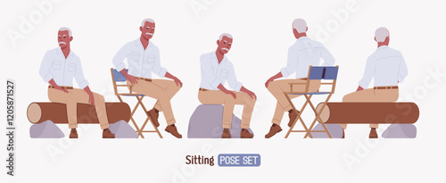 Handsome active senior mature man, elder businessman sitting pose set. Serious grandfather, old experienced male, grey hair, moustache, older business owner. Vector flat style cartoon illustration