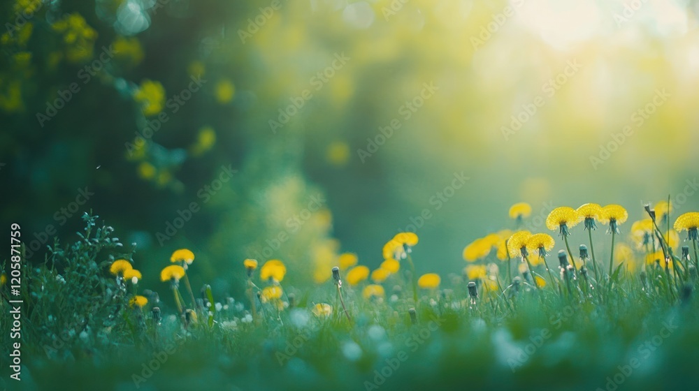Fototapeta premium Dandelions blooming sunrise meadow background nature