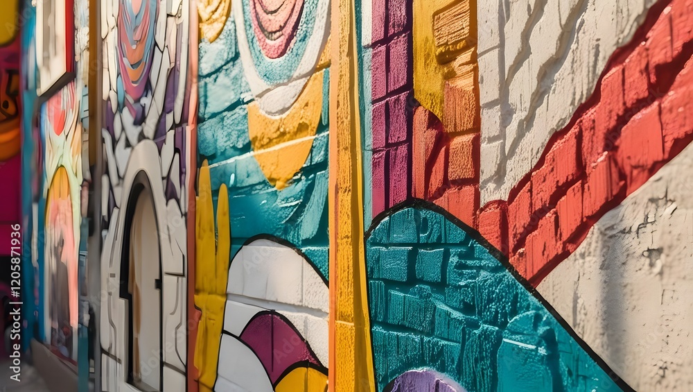 Colorful Textured Mural on Brick Wall Detailed Artistic Background Colorful Textured Mural on Brick Wall Detailed Artistic Background