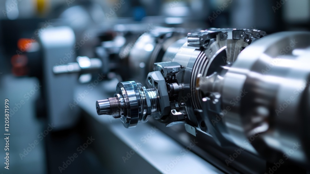 Naklejka premium Close up view of complex machinery operating smoothly, showcasing precision engineering and advanced manufacturing technology in a modern industrial factory