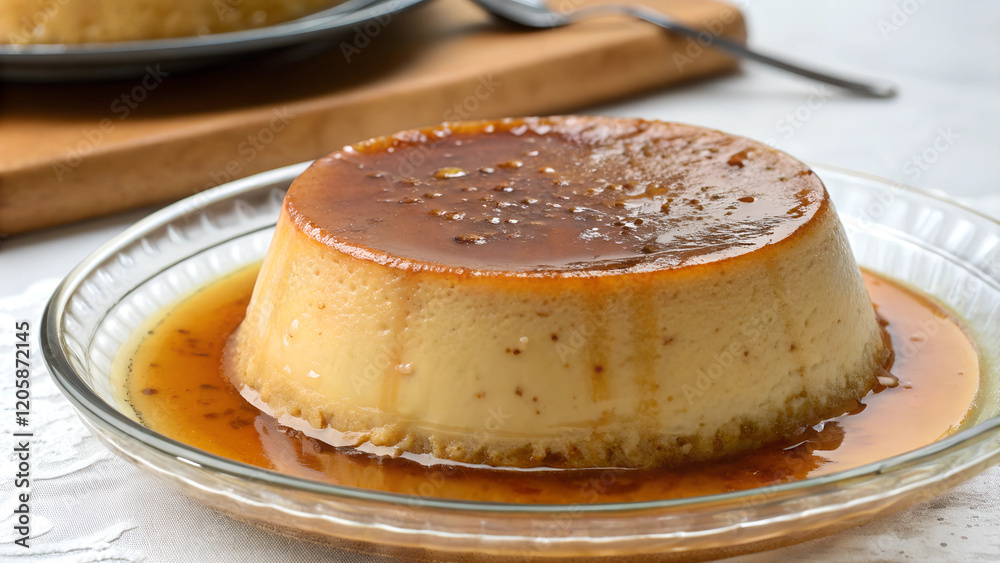 Golden caramel flan on white plate with smooth glossy topping Golden caramel flan on white plate with smooth glossy topping
