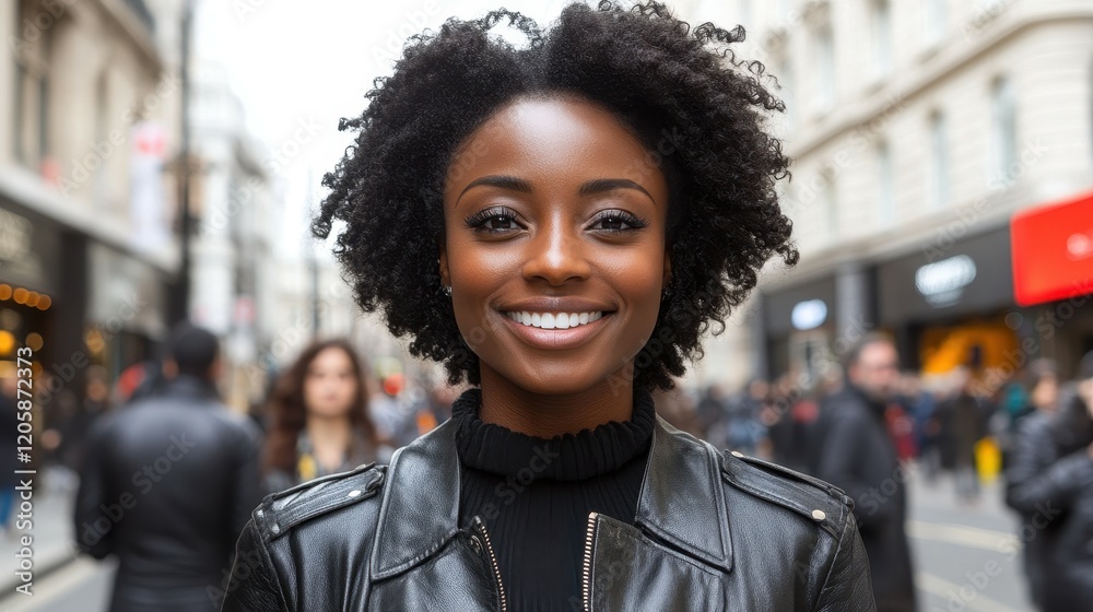 Fototapeta premium A woman with curly hair is smiling confidently as she stands on a bustling city street filled with people. The sunlight highlights her joyful expression against a lively backdrop