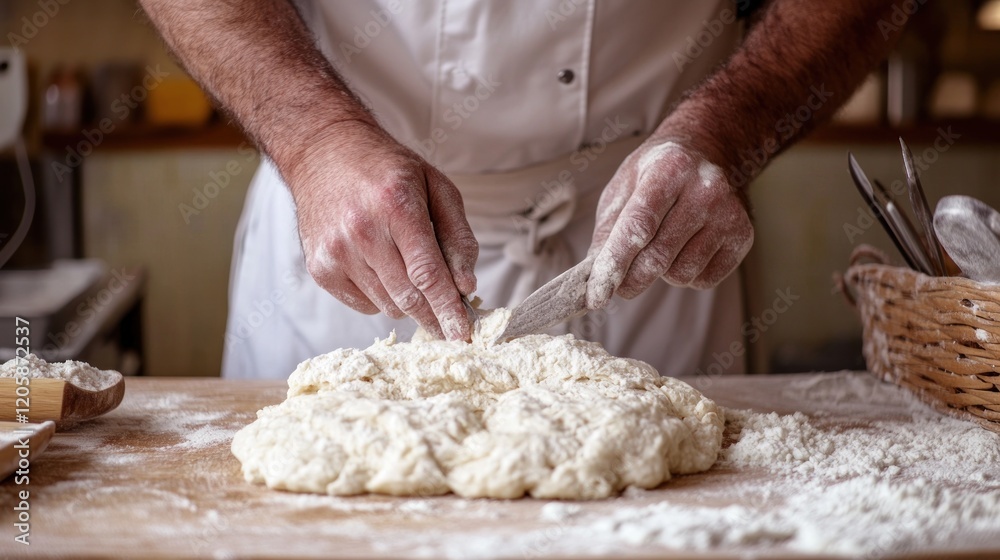 Baker cuts dough, kitchen prep, rustic setting, bread making Baker cuts dough, kitchen prep, rustic setting, bread making