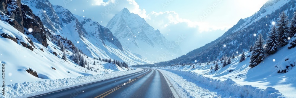 Gently falling snowflakes on a deserted mountain road, icy landscape, mountainous terrain Gently falling snowflakes on a deserted mountain road, icy landscape, mountainous terrain