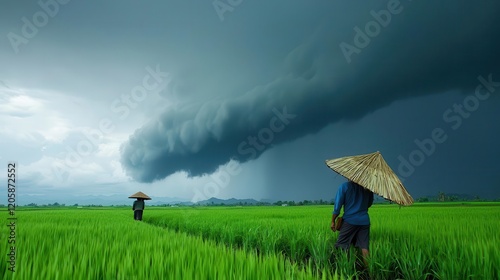 Cyclone forming over rural fields with farmers seeking shelter, dramatic and humancentered, Climate Physical Risk, Extreme weather effects photo